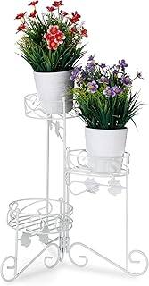 Relaxdays Blumenständer Metall, 3 Etagen, zum Klappen, dekorative Blumentreppe, vintage, innen & außen, H: 40 cm, weiß