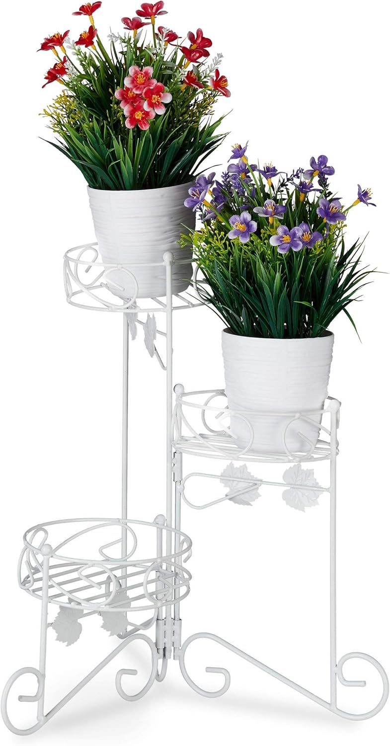 Relaxdays Blumenständer Metall, 3 Etagen, zum Klappen, dekorative Blumentreppe, vintage, innen & außen, H: 40 cm, weiß