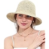 Womens Straw Sun Hat Wide Brim Hand Woven Foldable Beach Bucket Hat for Summer Travel UV Protection UPF 50+