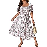Floerns Women's Plus Size Floral Print Tie Front Square Neck Slit Hem Midi Dress