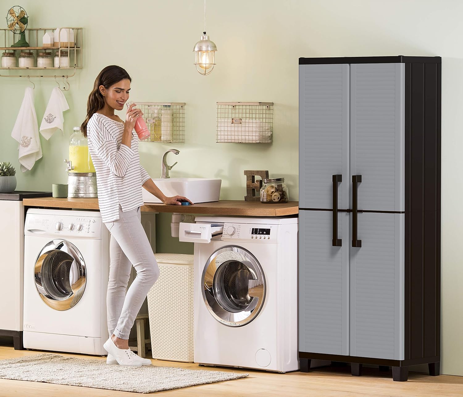 KETER Storage Cabinet with Doors and Shelves - Perfect for Garage and Basement Organization, Grey: Furniture & Decor