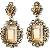 BriLove Victorian Style Statement Dangle Pierced Earrings for Women,Stunning Shiny Crystal Inspired Emerald Cut Earring for Costume Party Prom Jewelry Acessories