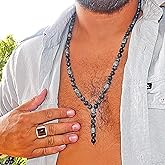 Liliya Jewelry Men’s Labradorite Necklace - 26 Inch Grey Gemstone Beaded Mala - Tibetan Silver Spacers - Boho Surfer Tribal Style - Spiritual Protection Gift for Him