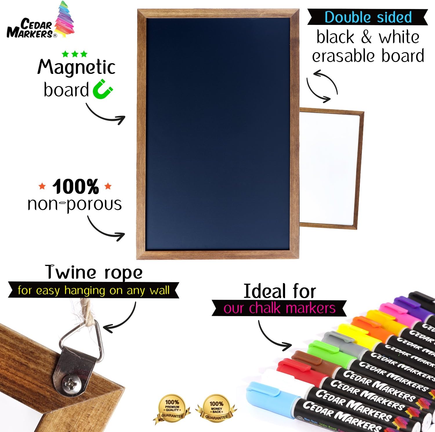 Cedar Markers 27"x20" Framed Chalkboard Sign. 100% Non-Porous Erasable Blackboard and Whiteboard. Chalk Board for Chalk Markers. Homeschool Magnet Board Decorative Big Chalkboard for Every Event.: Home & Kitchen
