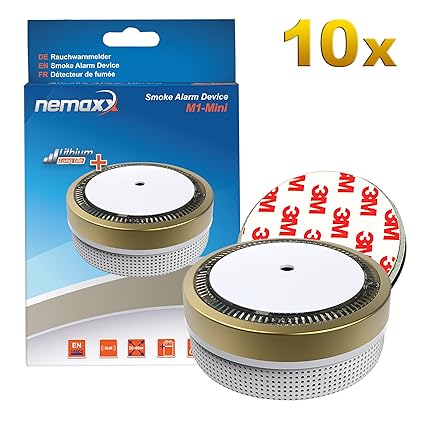 10x Nemaxx Detector de Humo M1-Mini Dorado - sensibilidad fotoeléctrica - Certificado VDS y con batería de Litio Tipo ...