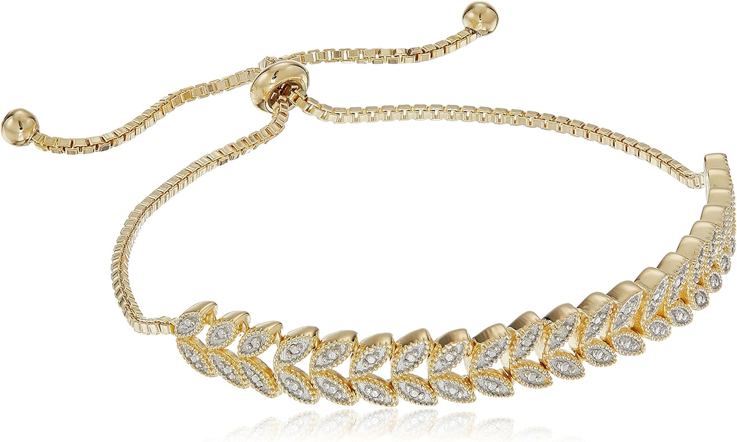 Sterling Silver Diamond Accent Leaf-Shaped Adjustable Bolo Bracelet with Yellow Gold Overlay