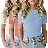 LessonZoo 3 Pack Girls Short Sleeve Tops Ribbed Knit Crew Neck Shirts Basic Solid Tees Slim Fit Casual T-Shirt Size 5-14