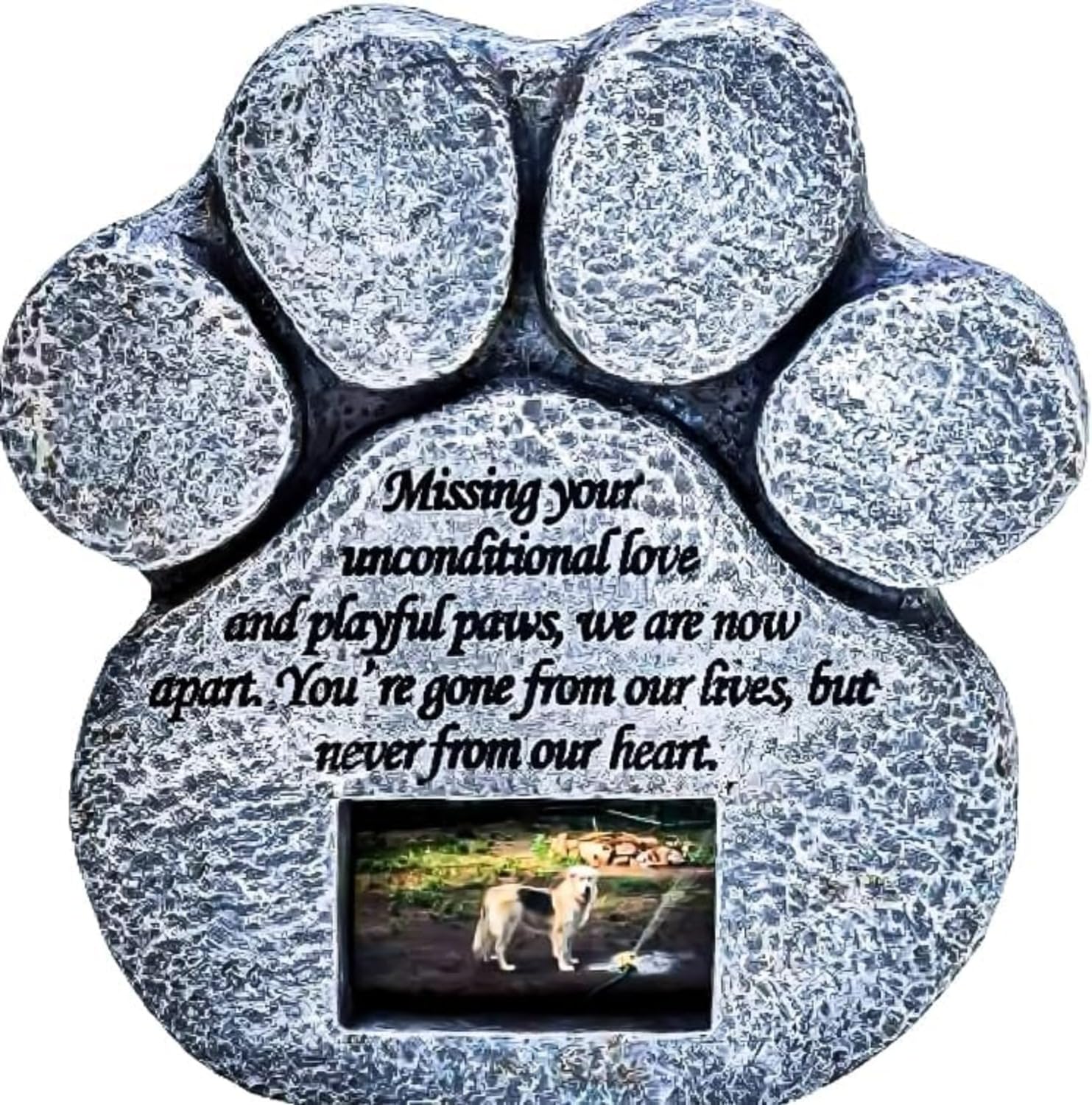 Paw Print Pet Memorial Stone - Features a Photo Frame and Sympathy Poem. Made of Weatherproof Resin. Indoor/Outdoor. Dog or Cat. For Garden, Backyard, or House