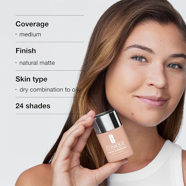 CLINIQUE ACNE SOLUTIONS LIQUID FOUNDATION MAKEUP WITH SALICYLIC ACID FOR DRY COMBINATION TO OILY SKIN TYPES | MEDIUM COVERAGE, NATURAL MATTE FINISH, CASHEW, 1.0 FL OZ