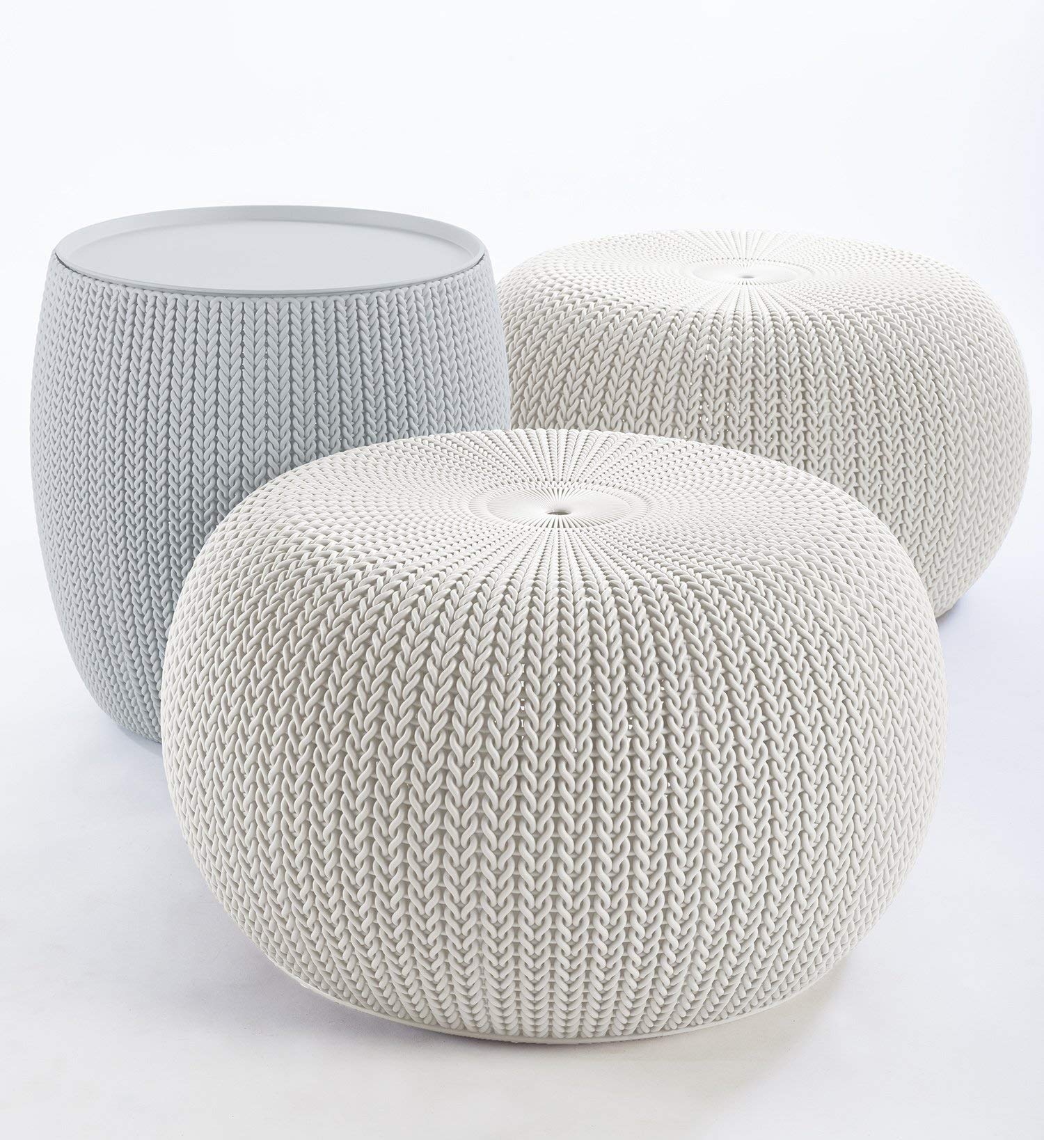 Keter Urban Knit Pouf Ottoman Set of 2 with Storage Table for Patio and