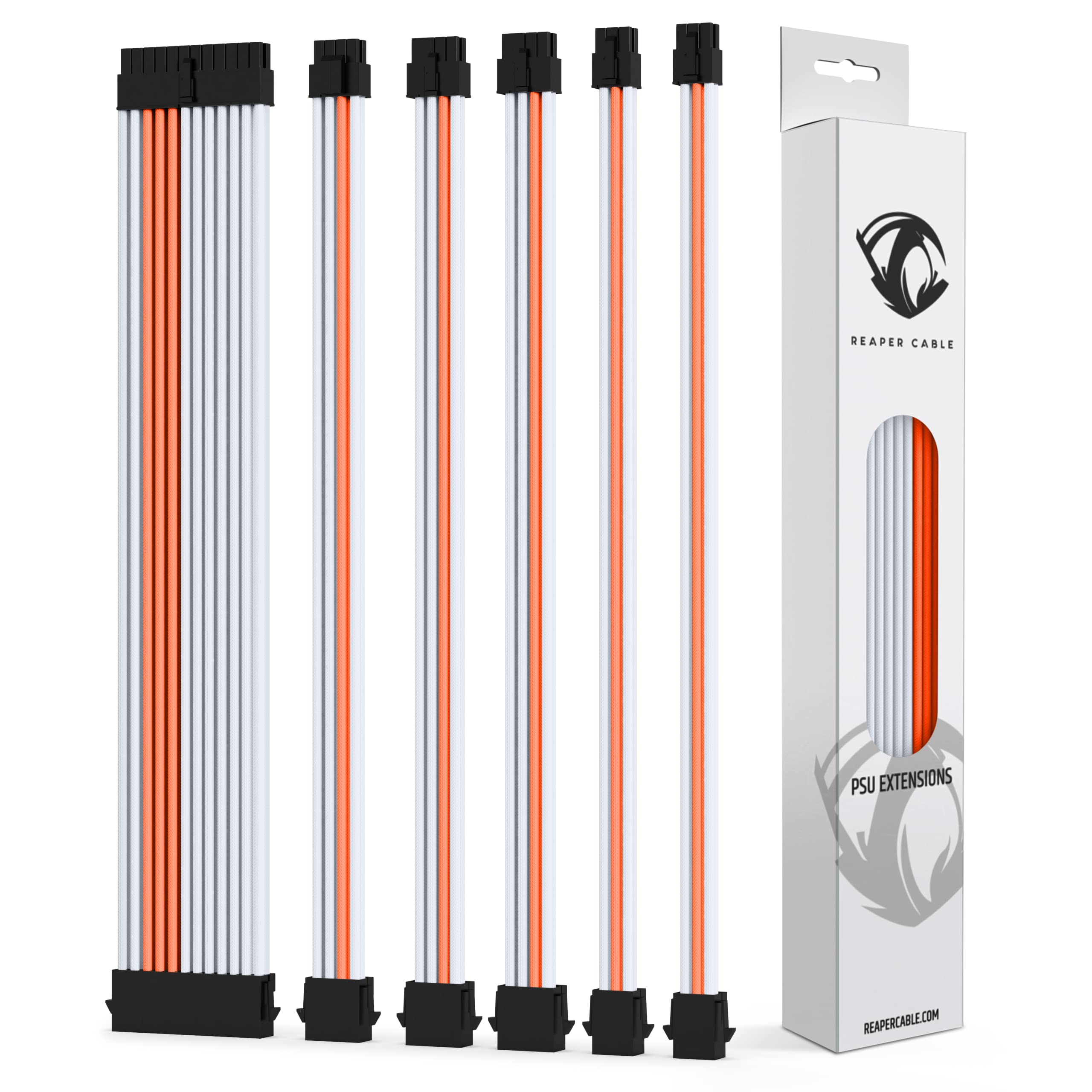 Reaper Cable Sleeved PSU Extension Set - Power Supply Extensions - 24, 8, 6, 4+4 Pin - With Combs - 30cm (White & Orange)
