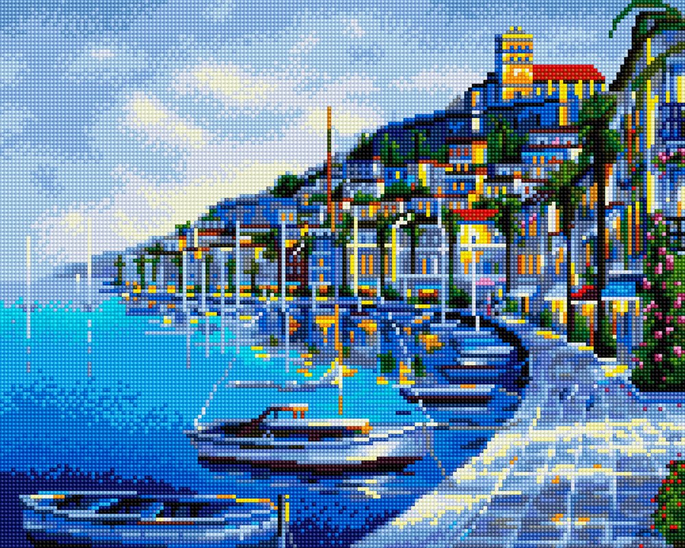 Embroidery-like diamond painting, full coverage with wooden frame, 40 cm x 50 cm, diamond painting set, mosaic stones, design: flowers basket, house by the brook, GJ425