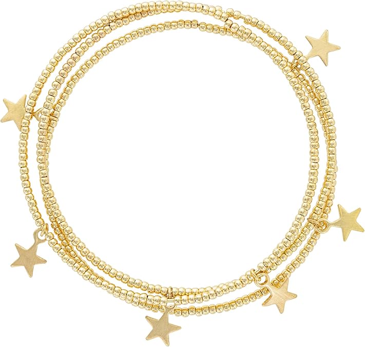 And Lovely 14K Gold Plated Star Charm Cuff Bracelet Beaded Bangle