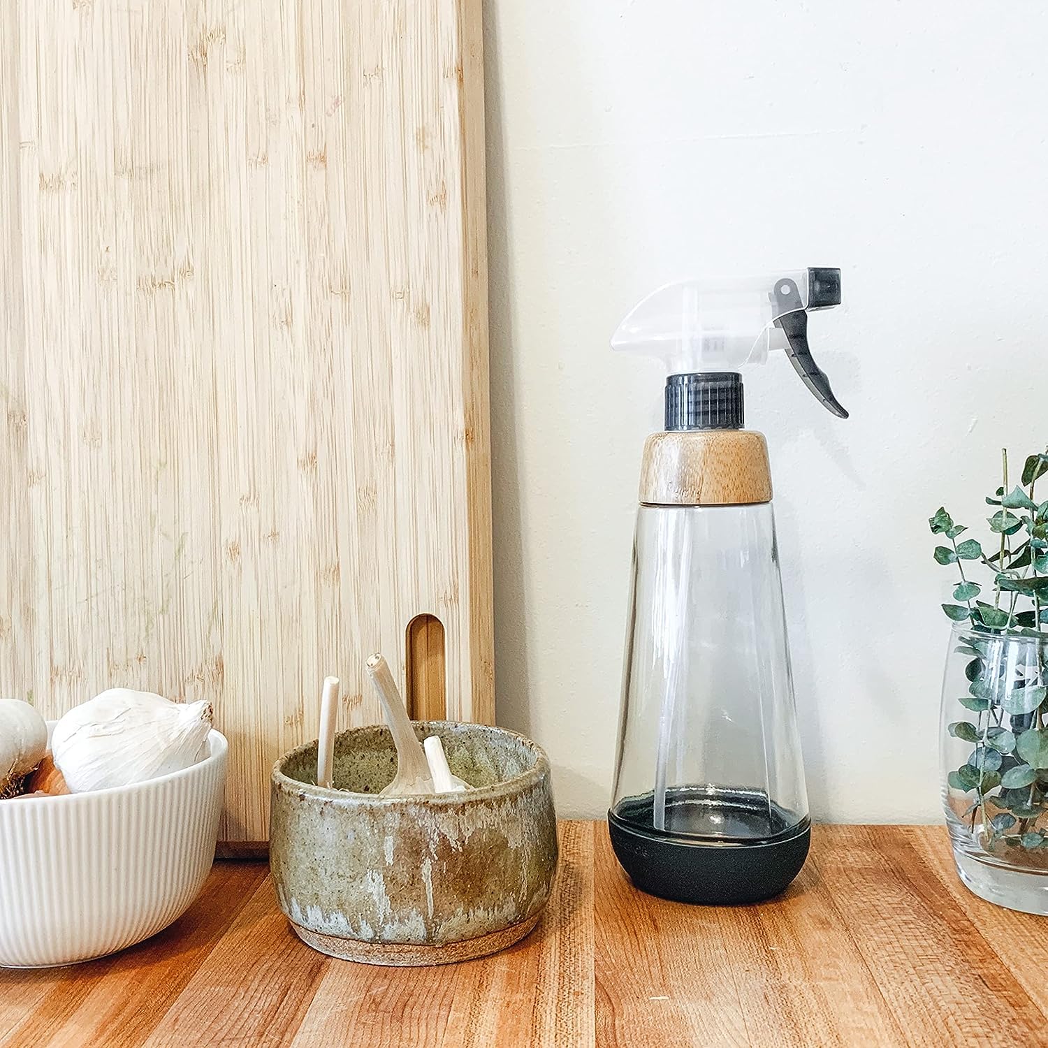 Full Circle Bottle Service-Refillable Glass Spray Bottle for Cleaning -Versatile Stream & Mist Options, Bamboo, Silicone Boot- Ideal for Non-Toxic Solutions & Plant Care, 16oz, Gray