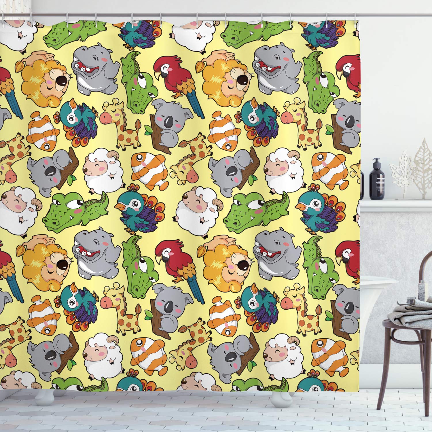 ABAKUHAUS Children Shower Curtain, Funny Animals Hippo Giraffe Koala Parrot Crocodile Zoo Jungle Kids Nursery Graphic, Cloth Fabric Bathroom Decor Set with Hooks, 94 Inches, Multicolor