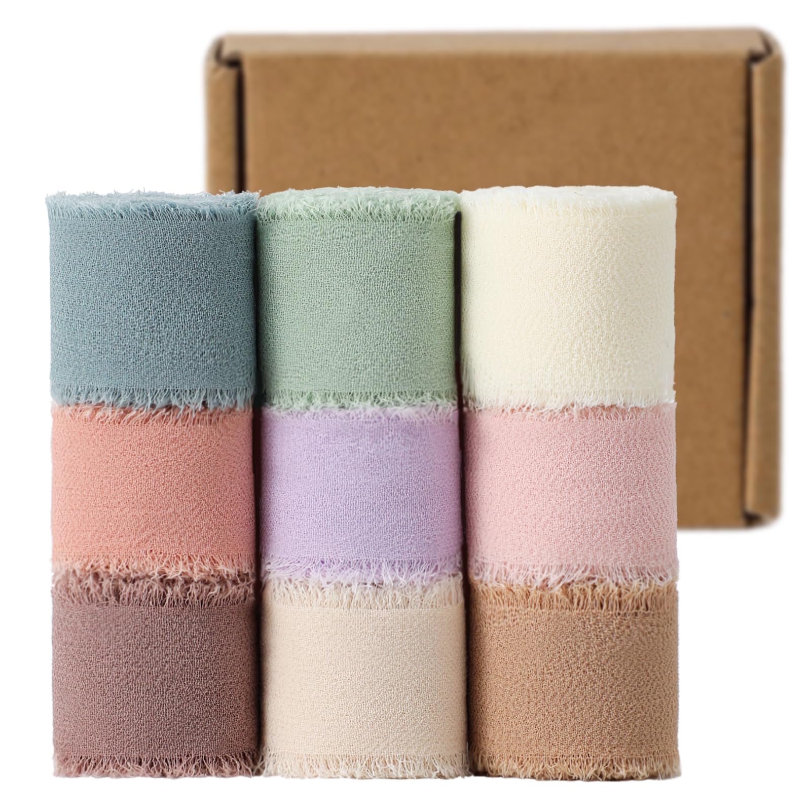 Photo 1 of 1" x 27 Yd Chiffon Ribbon Mixed Color Ribbons Set 9 Rolls Handmade Fringe Fabric for Wedding Invitations Bridal Bouquets DIY Crafts Home Decor Bow Making(9 Rolls*3Yd)