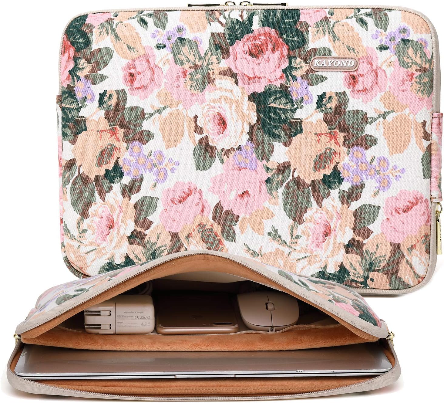 KAYOND White Camellia Water-resistant 14 inch Canvas laptop sleeve with pocket for 14 inch 14.1 inch laptop case Macbook Pro 15.4 A1707 A1990 (14-14.1 Inch, White Camellia)