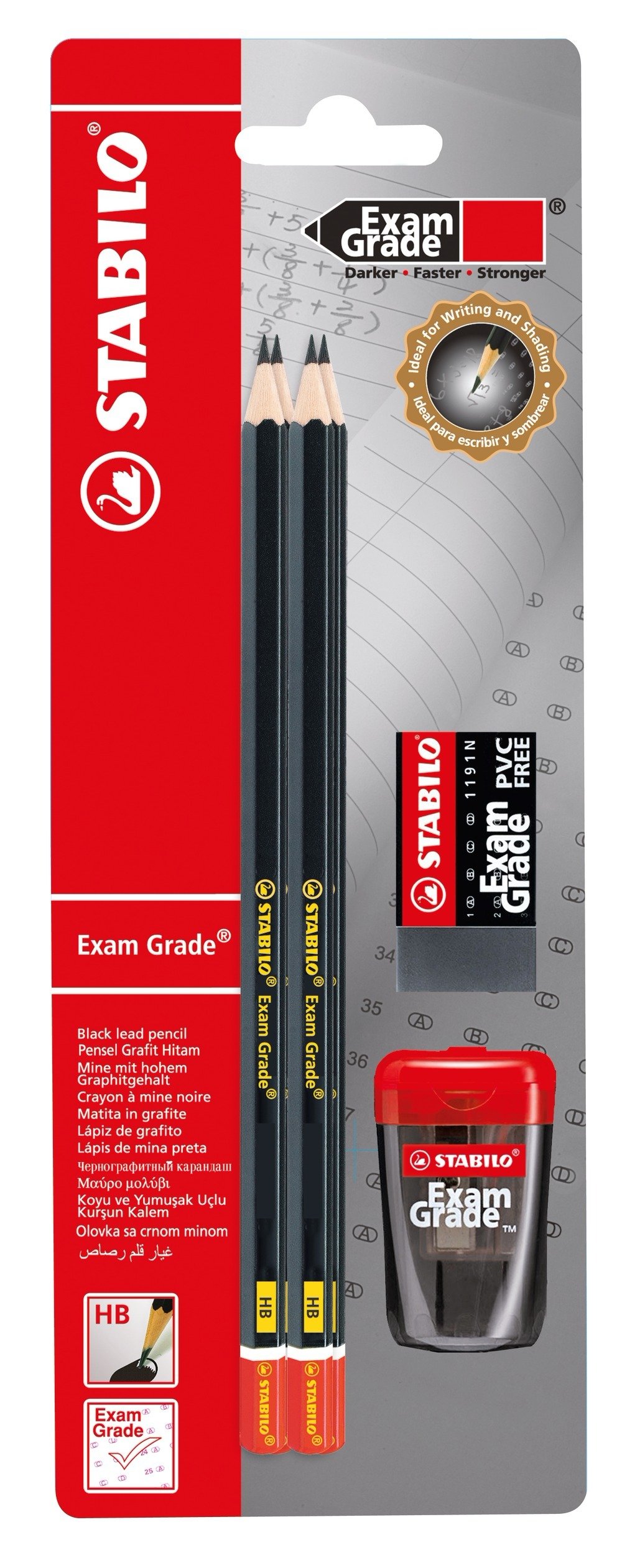 STABILO Exam Grade - Graphite Pencil and Sharpener with Eraser - Pack of 4 - Degree HB