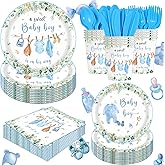 140pcs Boy Baby Shower Decorations Plates Shower Party Tableware with Plates, Napkin, Forks, Cups for Birthday Party Supplies Set Serves 20 Guests (Blue)