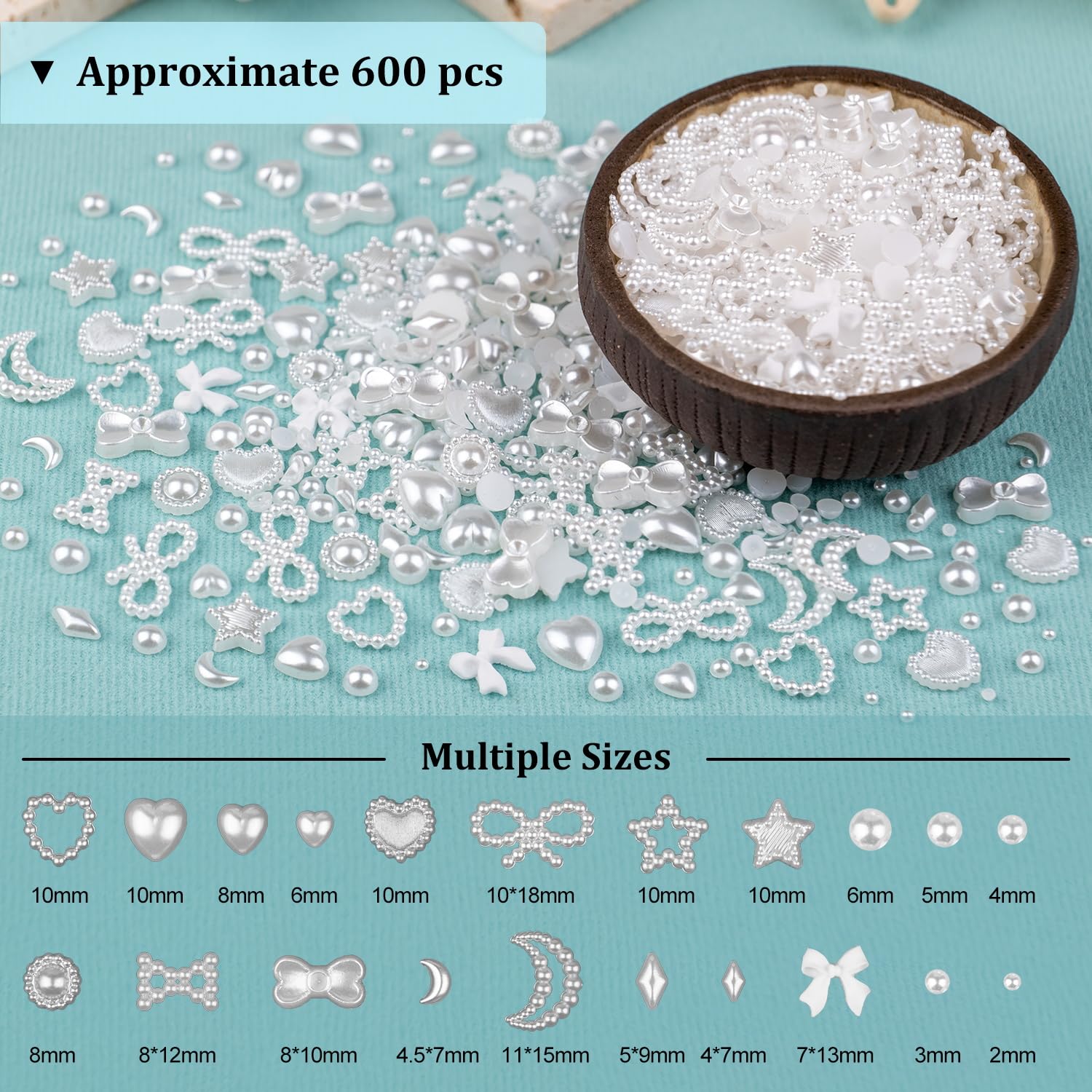 600Pcs 3D Multi Shapes Nail Charms and Flatback Pearls, White Mix Styles Heart Star Bow Sunflower Embellishments for Nail Art, Craft and Decoration with Glue Gel, Tweezer and Pickup Pencil - Image 2