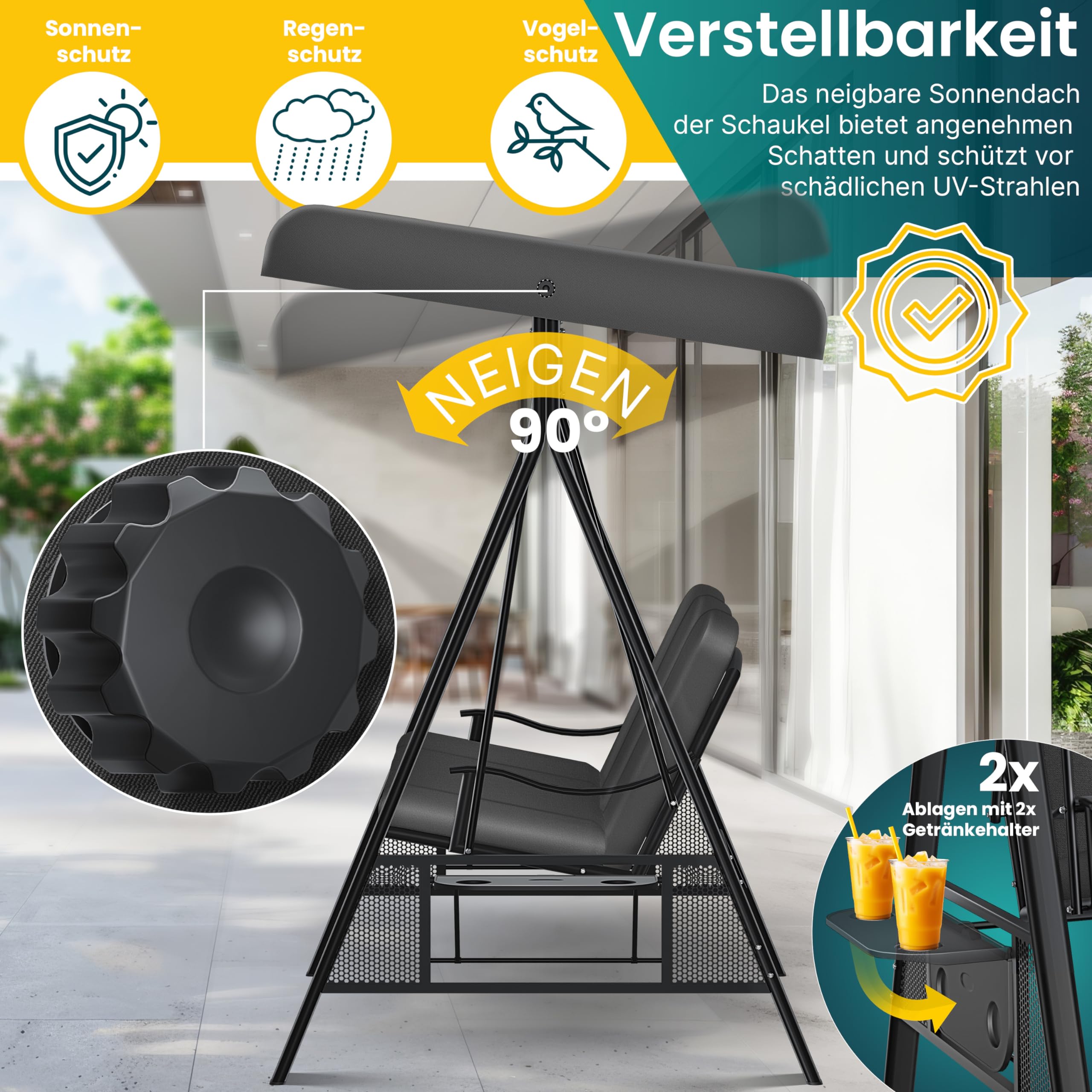 KESSER® Hollywoodschaukel mit Sonnendach 3-Sitzer & Sitzpolster-Auflage | Gartenschaukel bis 360kg belastbar | Gartenliege mit Anti-Rutsch-Füßen | Schaukelbank wasserabweisend für Outdoor & Indoor 7