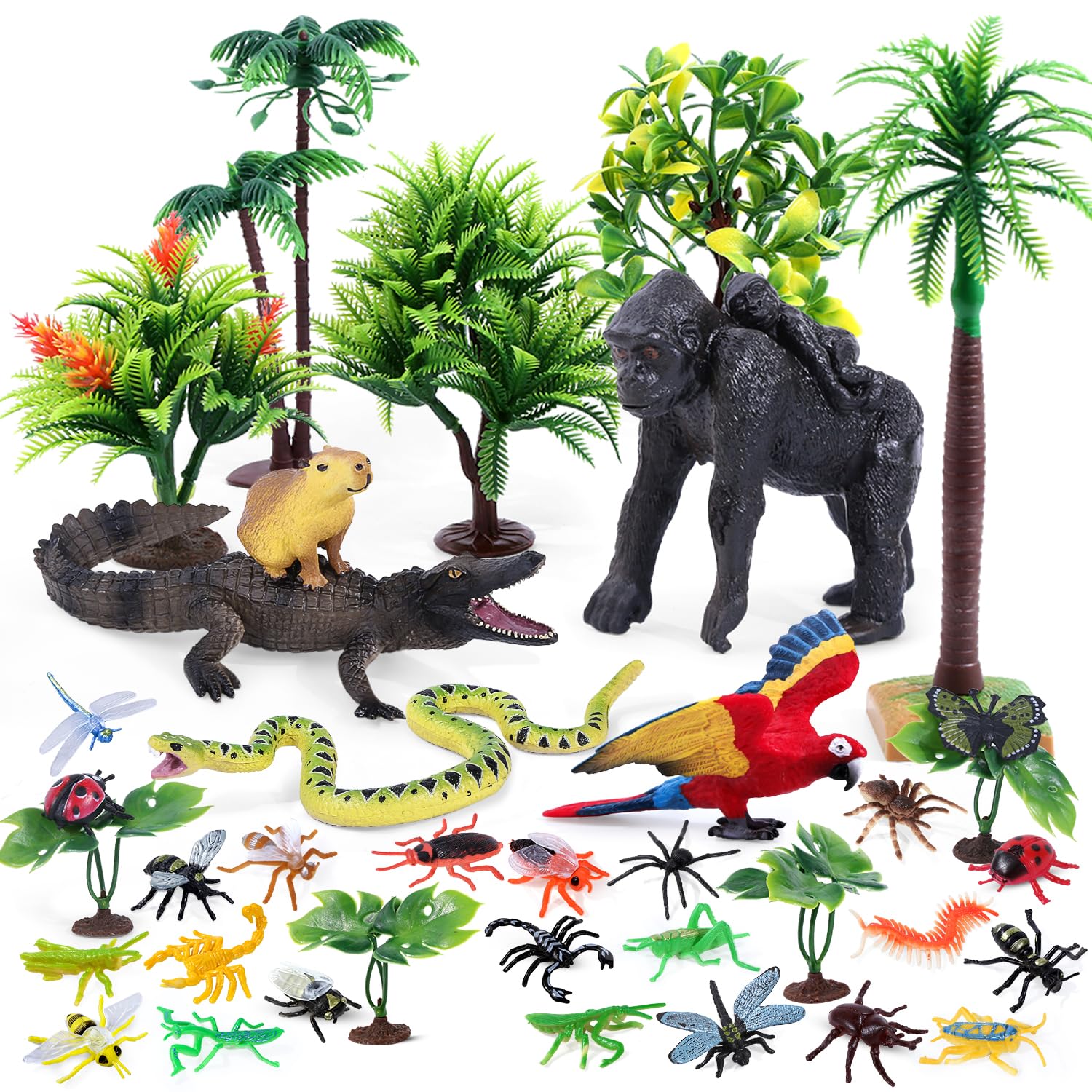 SIENON 39Pcs Rainforest Animal Figures Toys, Wild Creatures Model with Gorilla Parrot Crocodile Capybara Anaconda Snake Insects Trees Playset for Kids Diorama Project Birthday Cake Toppers Party Décor