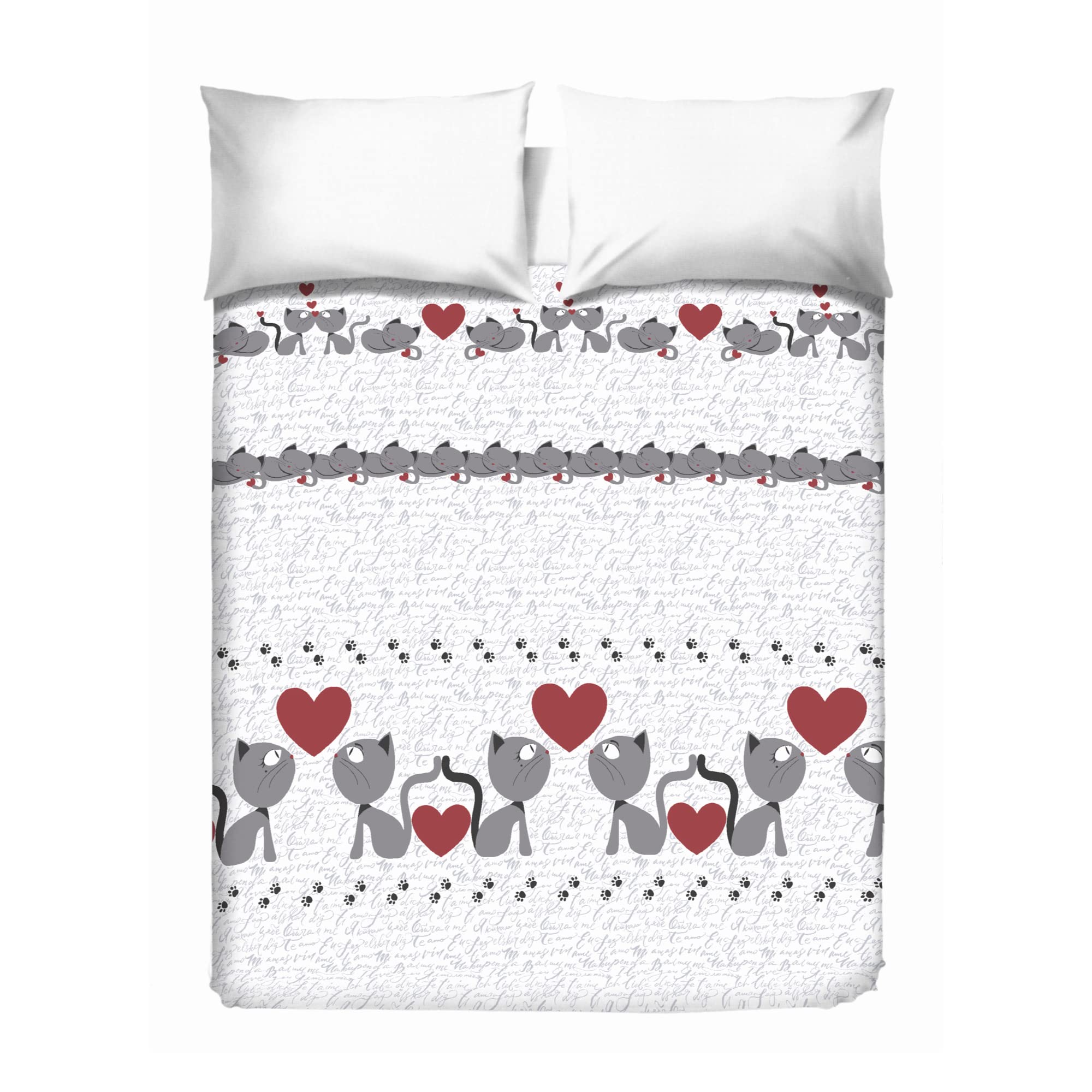 PENSIERI DELICATI Double Bed Cover 260 x 280 cm, Single Sheet 100% Cotton Pique, Ideal as Furnishing Towel, Blanket Save Bed 2 Squares, Grey Kittens, 100% Made in Italy