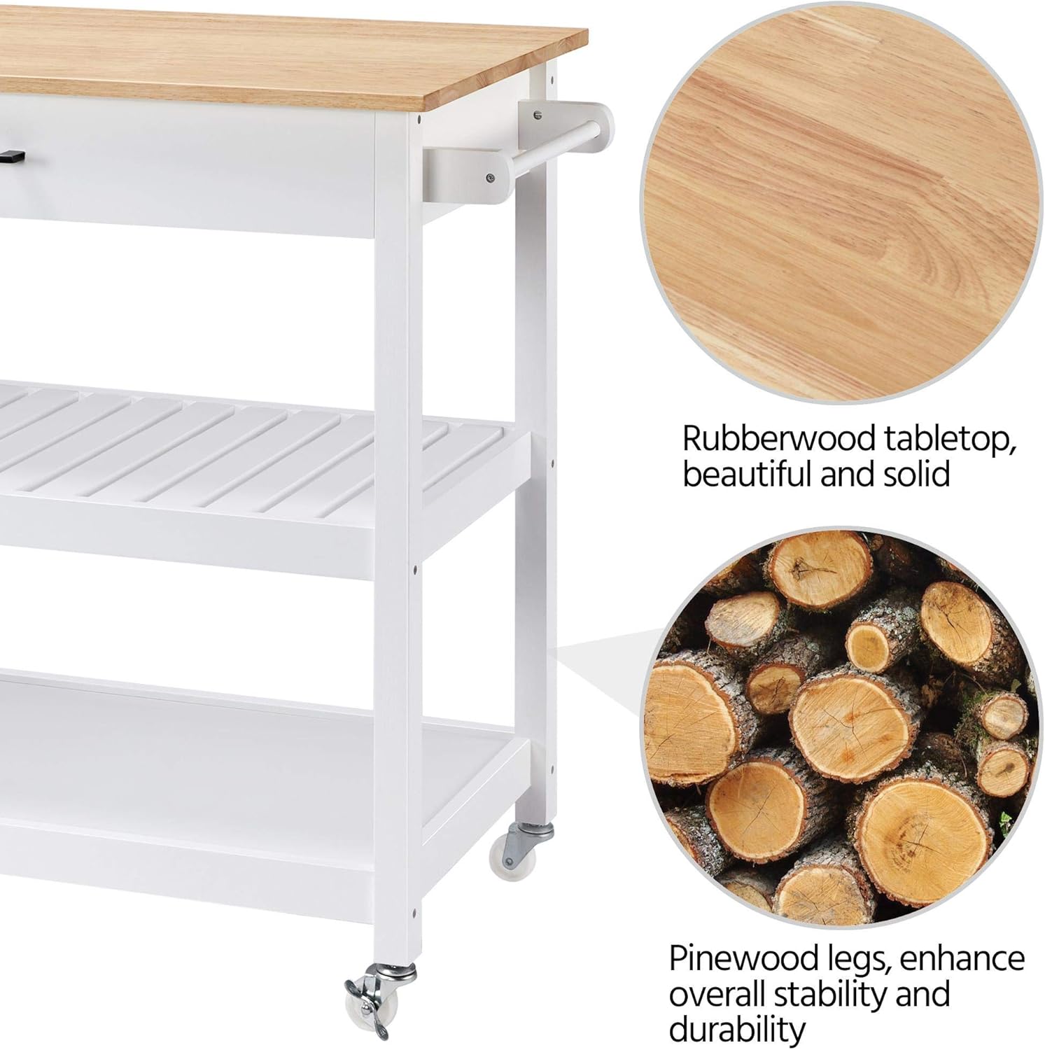 YAHEETECH Kitchen Island with Wheels, 3 Tier Rolling Kitchen Cart with 1 Drawer and 2 Spacious Storage Shelf Solid Wood Countertop, White - Kitchen Islands & Carts