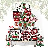 FRANDEK 14Pcs Christmas Tiered Tray Decoration Set, Wooden Winter Holiday Decor with Santa Gnome Sock Designs, Fireplace Mantel Centerpiece Decorations for Home Shelf Fireplace Kitchen Home Party