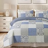 SLPR Sweet Dreams Cotton Quilt Set - Queen Size with 2 Shams, Pieced Patchwork Bedding in Blue and Gray, Country Style Farmhouse Quilted Bedspread