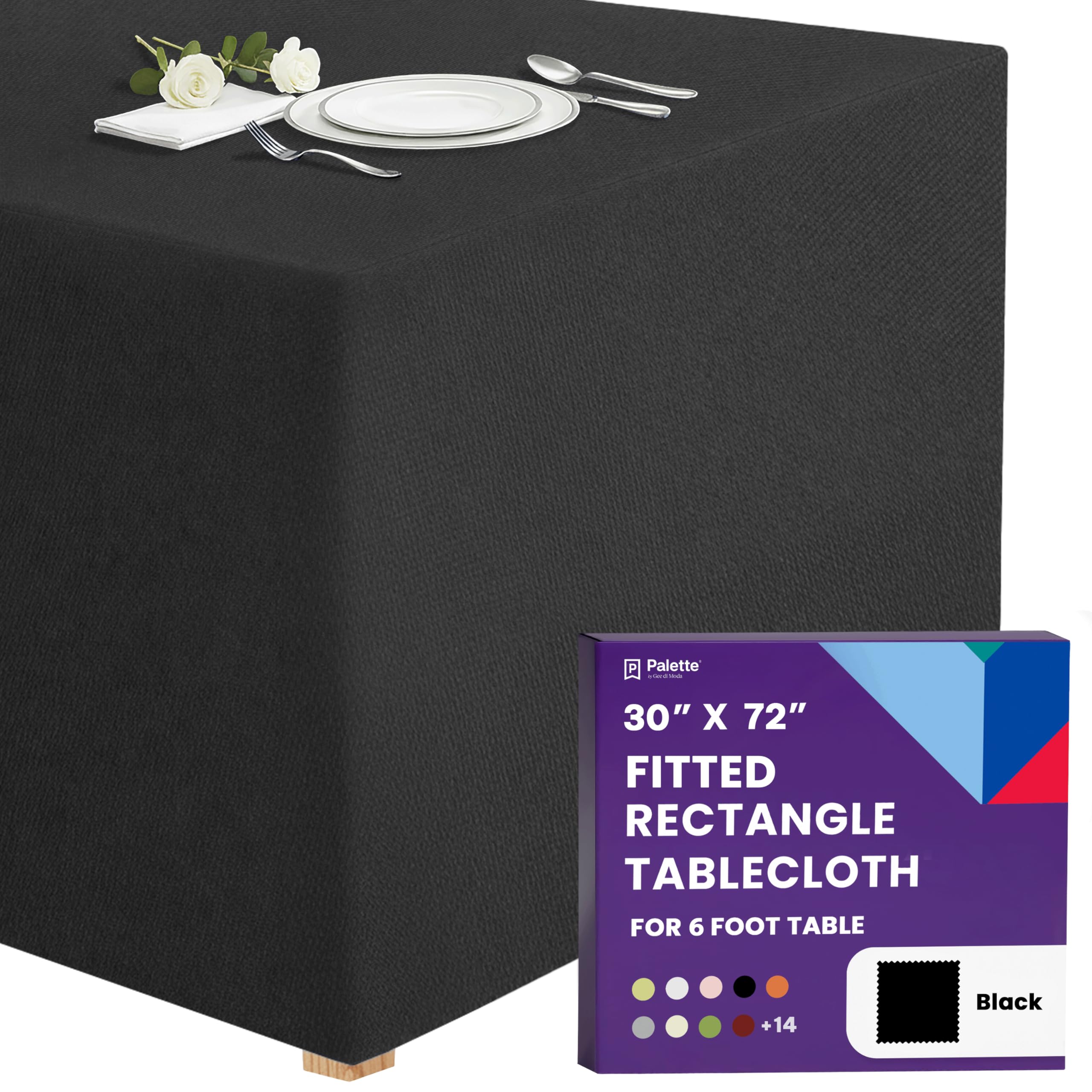 Gee Di Moda Fitted Tablecloth - 72 x 30 Inch Black Fitted Tablecloth for 6 Foot Rectangle Table - Heavy Duty Washable Fabric - for Buffet Table, Holiday Party, Dinner, Wedding & Trade Show