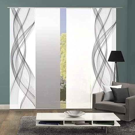 wohnfuehlidee 4er-Set Flächenvorhang, Deko Blickdicht, Mariella, Höhe 245 cm, 2X Dessin grau / 1x Uni weiß Blickdicht / 1x Fa