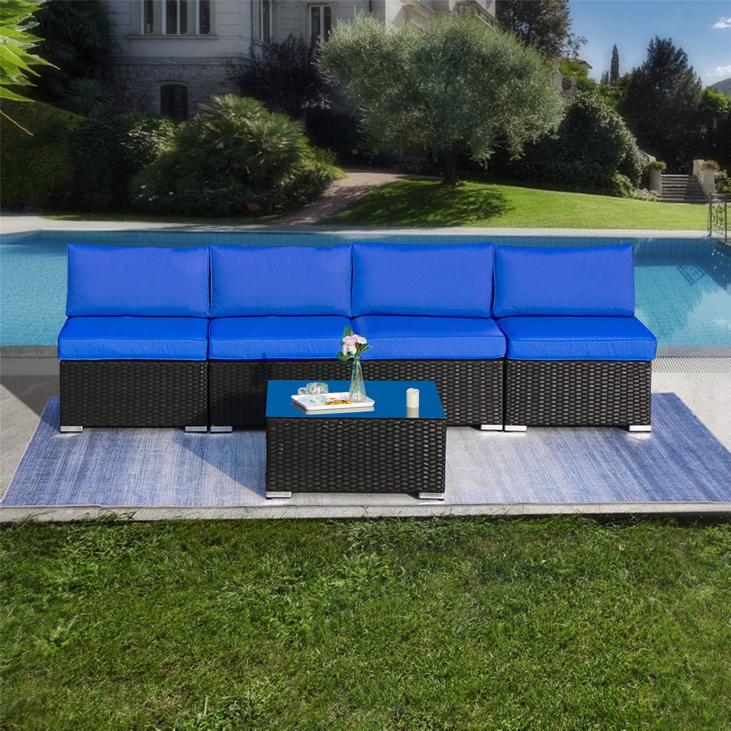 5 Pieces Outdoor Patio PE Rattan Wicker Sofa Sectional Furniture Set, All Weather Washable Cushions, Garden Lawn Pool Backyard Sofa Set with Coffee Table, Black Wicker Navy Cushions