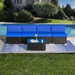 5 Pieces Outdoor Patio PE Rattan Wicker Sofa Sectional Furniture Set, All Weather Washable Cushions, Garden Lawn Pool Backyard Sofa Set with Coffee Table, Black Wicker Navy Cushions