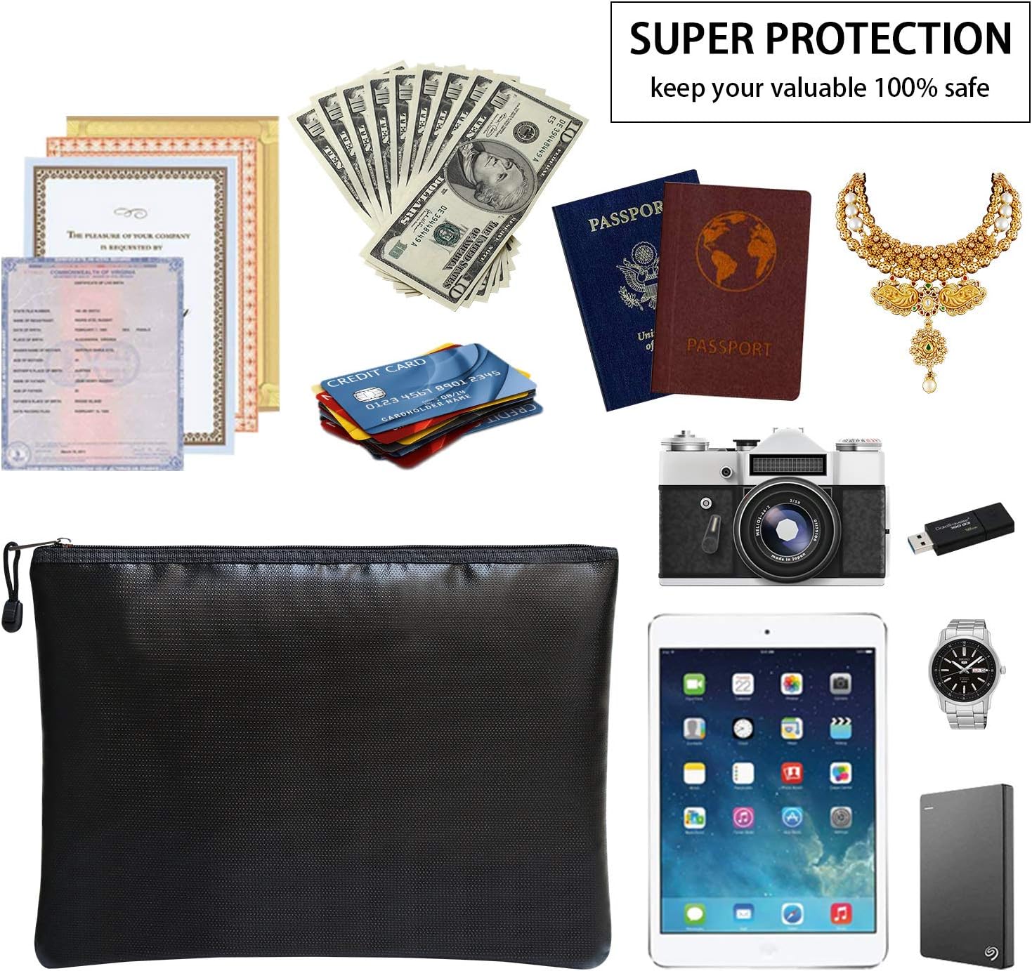 Fireproof Document Bags,15”x 11” Large Waterproof and Fireproof Folder Money Bag, Fireproof Safe Storage Pouch with Zipper for A4 Letter Size Document Holder,File,Cash,Tablet,Passport and Valuables: Office Products