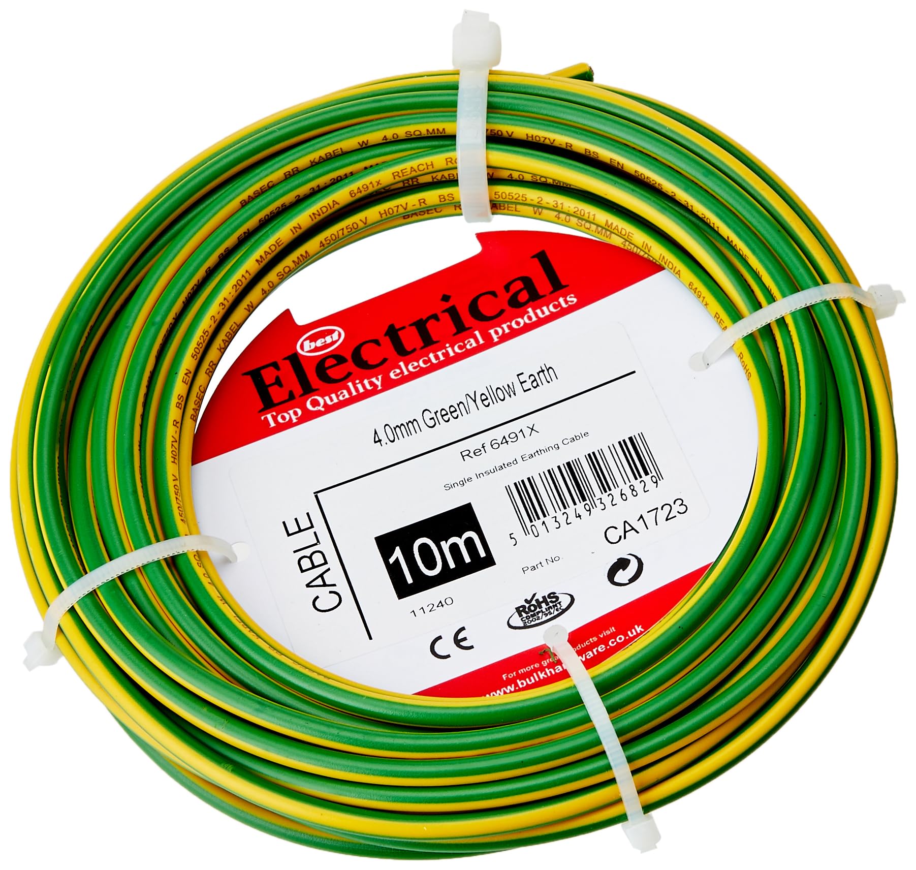 Merriway BH01516 Single Core Round Earth Cable, 6491X 4.0mm Yellow & Green, 10 Metres (33 feet)