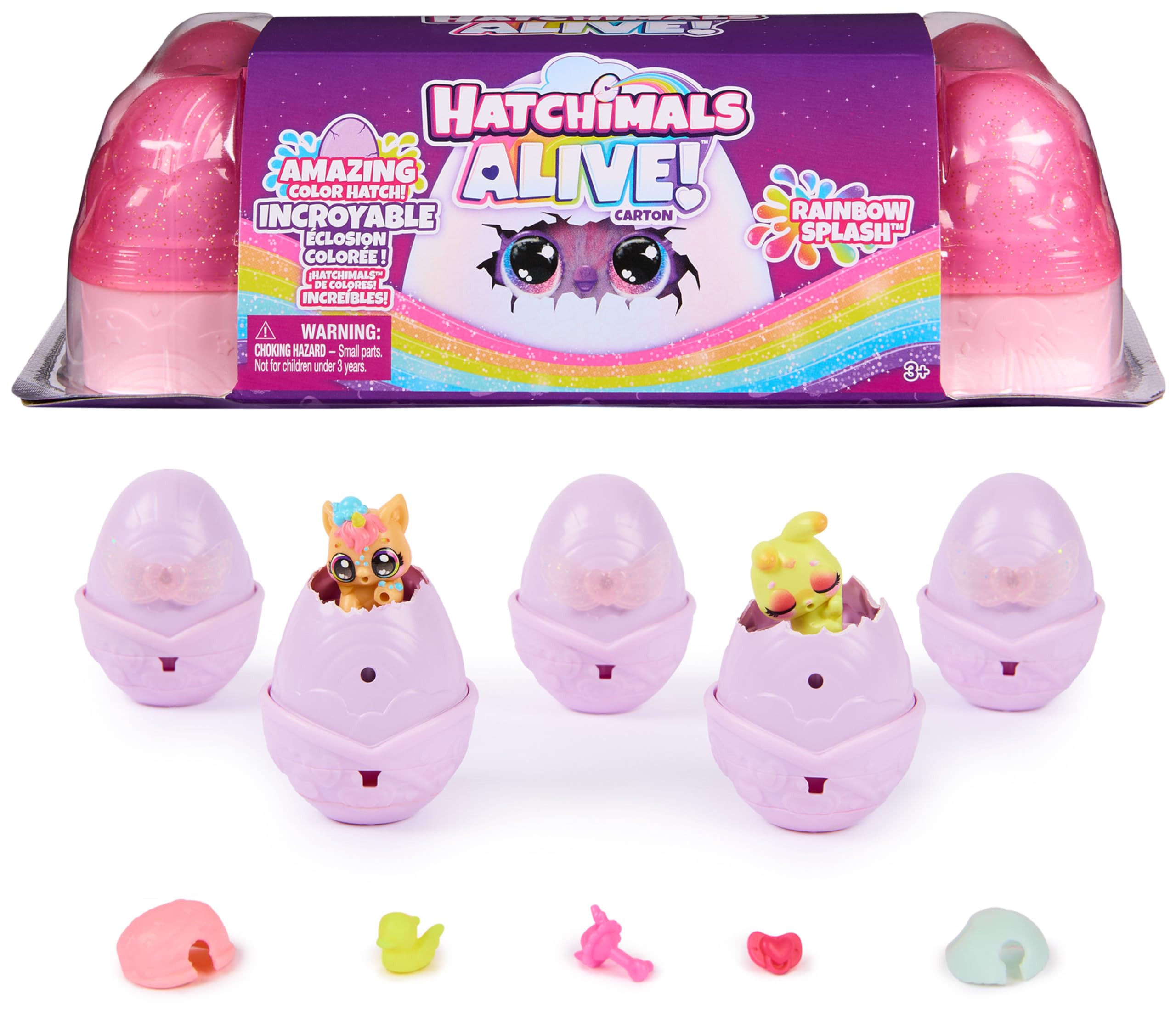 Hatchimals Alive, Rainbow Splash Egg Carton, 5 Mini Figures in Color Reveal Eggs & 10 Accessories, Gifts & Stocking Stuffers for Girls & Boys Ages 3 & up