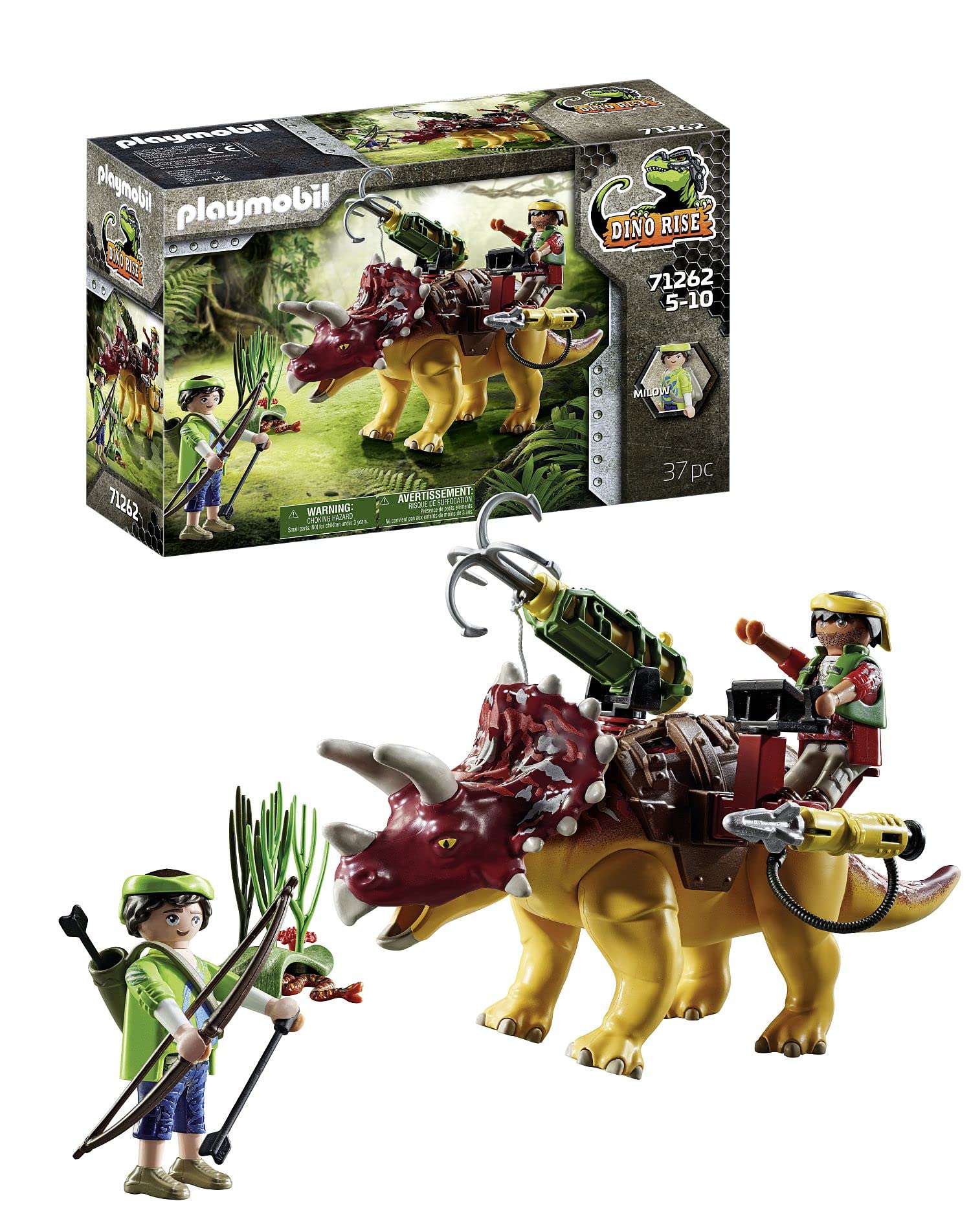 PPLAYMOBIL 71262 Dino Rise Triceratops, dinosaur with removable armour, large movable cannon with grappling hook, toy playset suitable for ages 5+