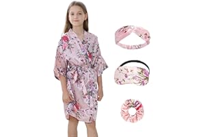 IVRRISS Kid Girls Silky Kimono Robes Party Set with Floral Patterns for Spa Brithday Wedding Short Robes