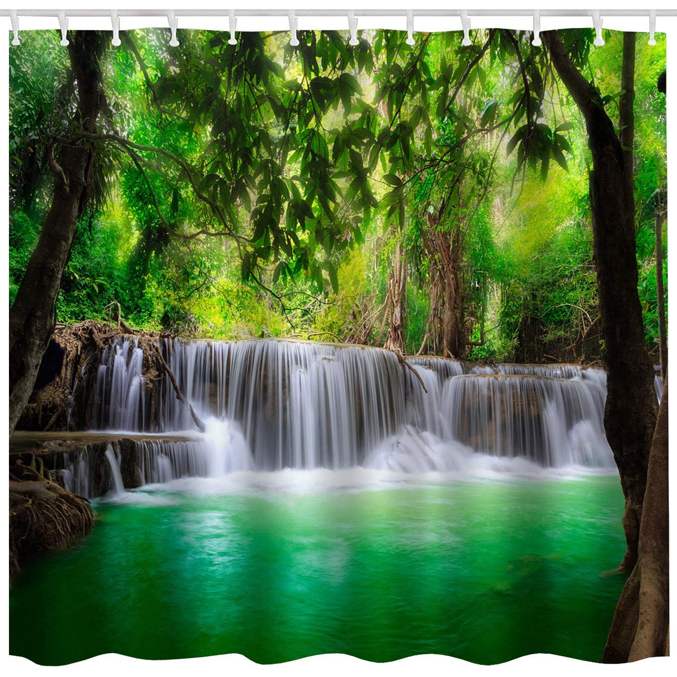 JOOCAR Bathroom Decorative, Green Lake Summer Waterfall in Forest Woodland Nature Jungle Scenery Art Printing Brown White, Waterproof Polyester Fabric Shower Curtain with 12 Hooks Size: 72x72 Inch