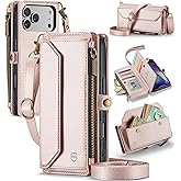 Strapurs Wallet Case Compatible with iPhone 17 Pro Max 6.9" RFID Blocking 10-Card Holder Soft PU Leather Magnetic Snap Shoulder Strap Zipper Pocket Phone Case Fit for iPhone 17 Pro Max - Rose Gold