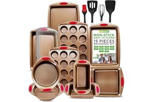 NutriChef 15-Piece Stackable Baking Pan Set - Nonstick Easy to Clean Coating Carbon Steel Bakeware, Professional Home Kitchen Bakeware with Cookie Sheet Trays & Red Silicone Handles (Gold)