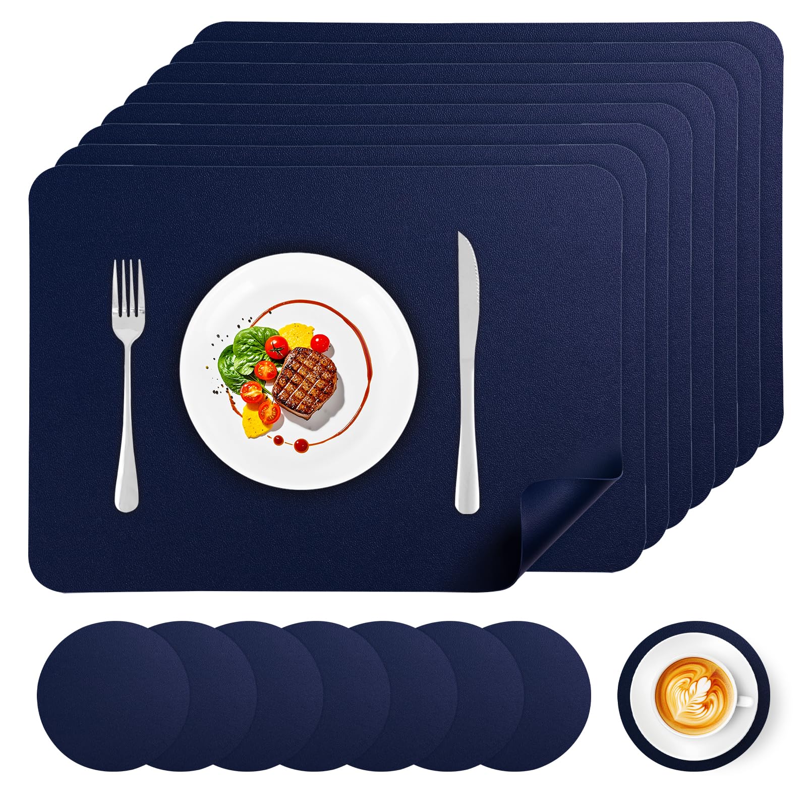 APLKER Placemats and Coasters Set of 8, PU Leather Waterproof Dual-Sided Table Mats Non-Slip Washable Place Mats for Home Kitchen Restaurant, 16.9 x 11.8 inch (Navy Blue)