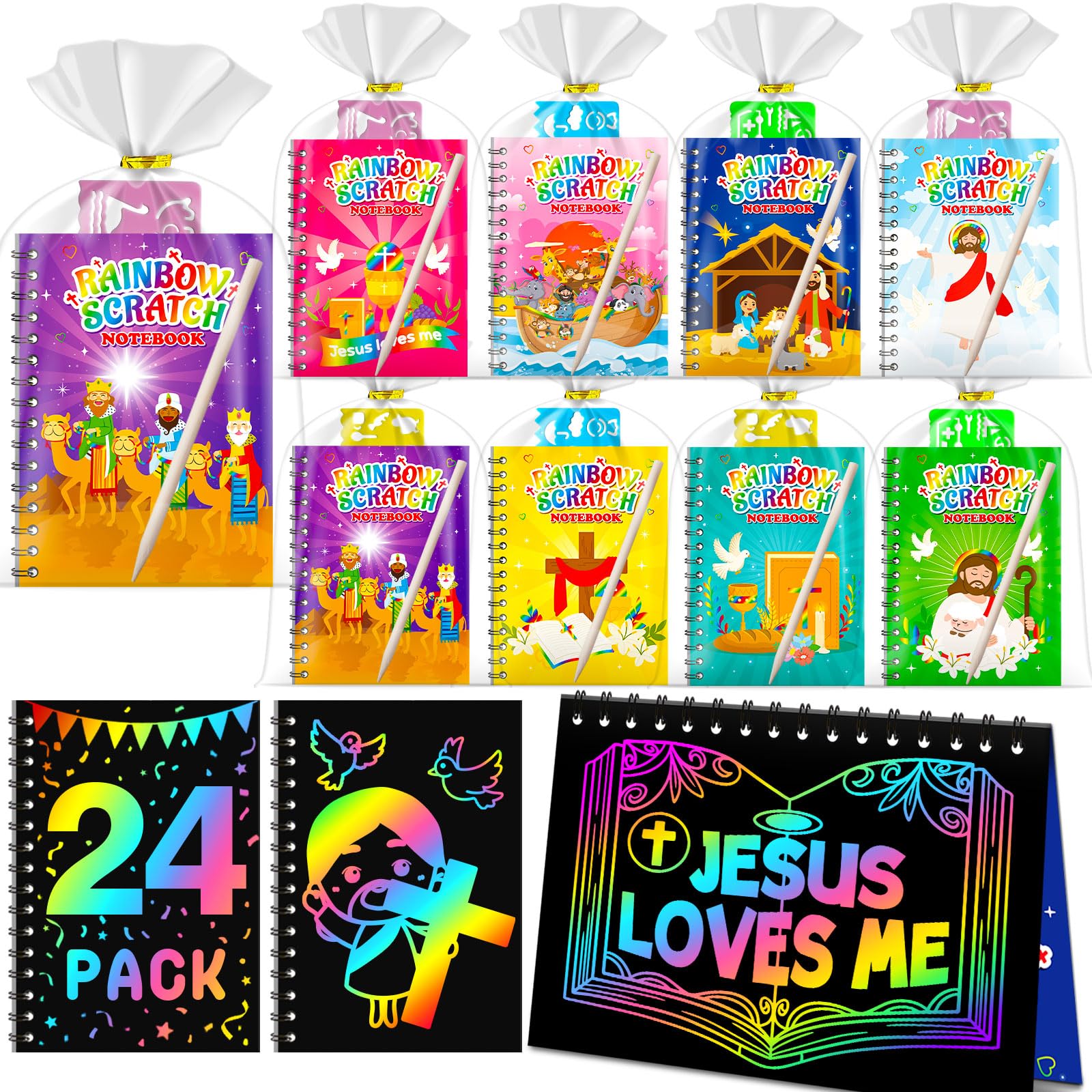 Scratch Art, Party Bag Fillers for Kids - Rainbow Scratch Art, Arts and Crafts, Class Gifts, Birthday Return Gifts for Boys Girls Age 4-9 (24-Pack Jesus)