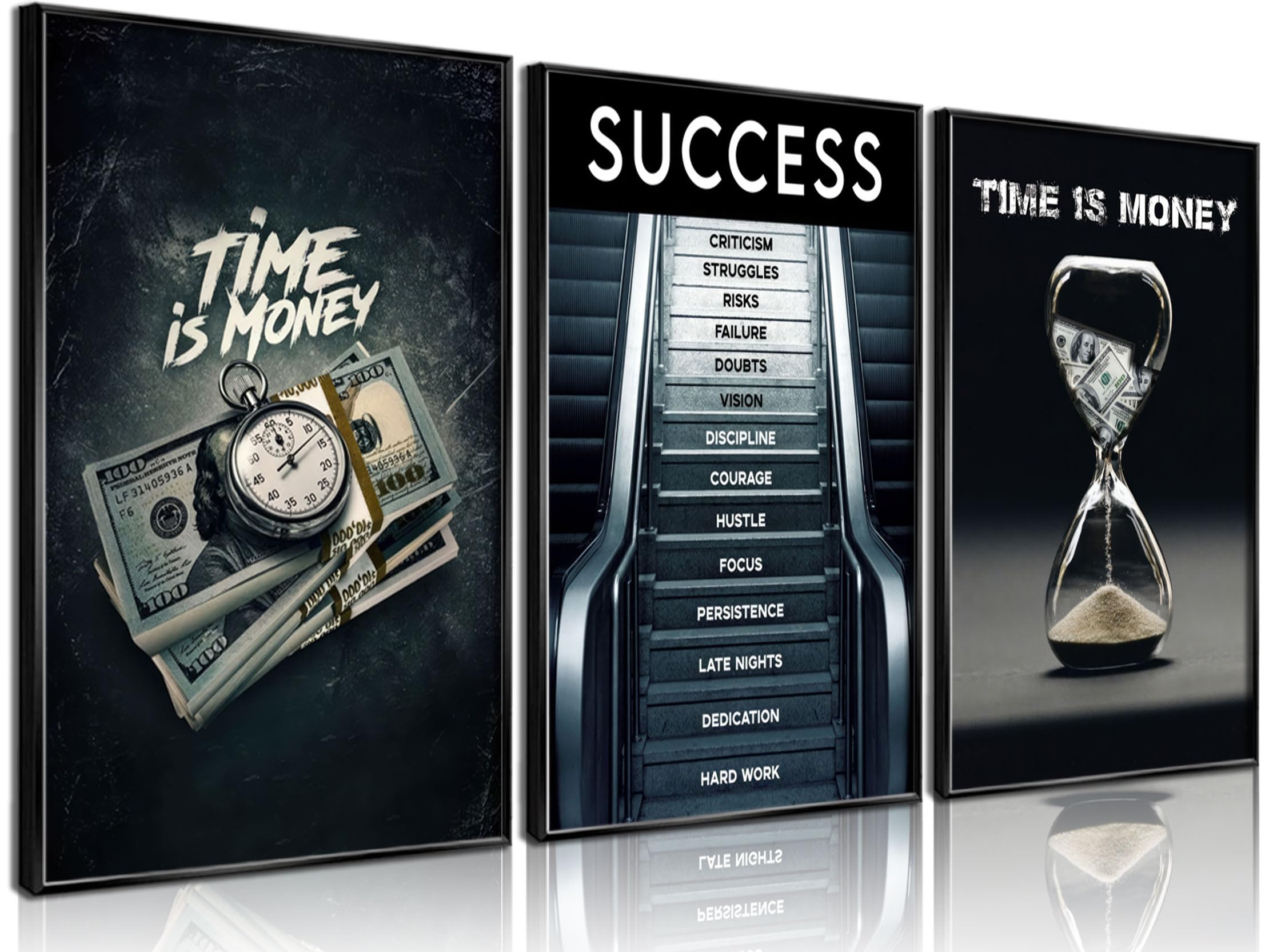 Photo 1 of 3Pcs Time Is Money Wall Art Paintings Office Wall Decor Pictures Inspirational Quotes Posters Prints Road to Success Canvas Paintings of Man Cave Living Room Bedroom Office Decor unframed