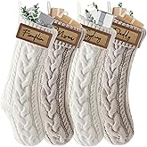 4 Pack Personalized Farmhouse Christmas Stocking with Leather Patches Custom Name Family Christmas Stockings, 18.5” Large Knitted Xmas Stockings for Kids, Holiday and Fireplace Party Decoration