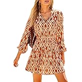 CUPSHE Women Fall Dresses Boho Floral Drawstring V Neck Ruffle Hem Sundress Long Sleeve Smocked Mini Dress