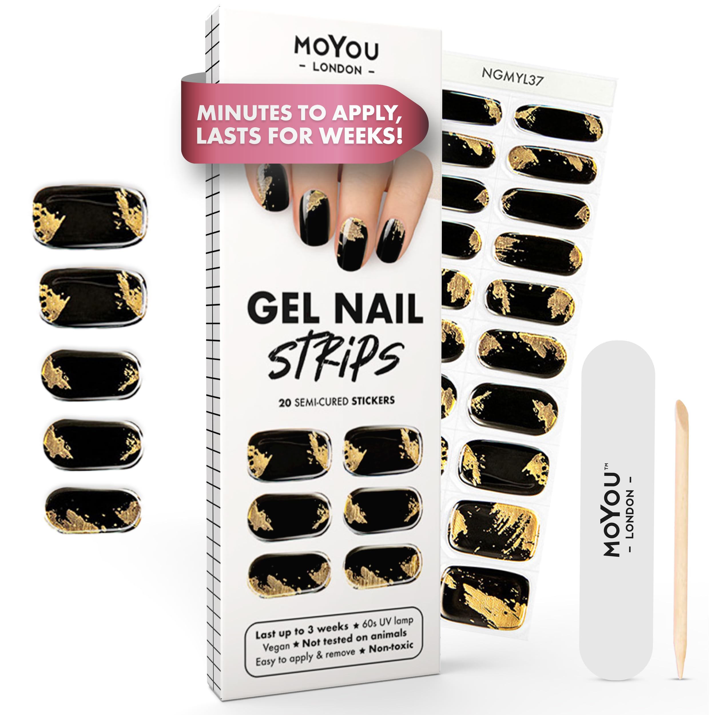 MOYOU LONDON Semi Cured Gel Nail Strips - 20 Pcs. Waterproof Gel Nail Wraps, Cures in Sunlight or UV/LED Lamp, Lasts Up to 2+ Weeks, Stretchable, Easy to Apply & Remove, Vegan & Cruelty-Free