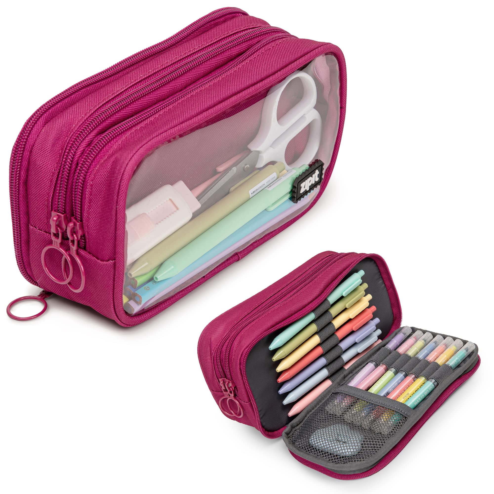 ZIPIT Half & Half Pencil Case for Girls, 3 Compartment Zipper Pouch for School, Stationery Bag for Teen and Adults, Pink