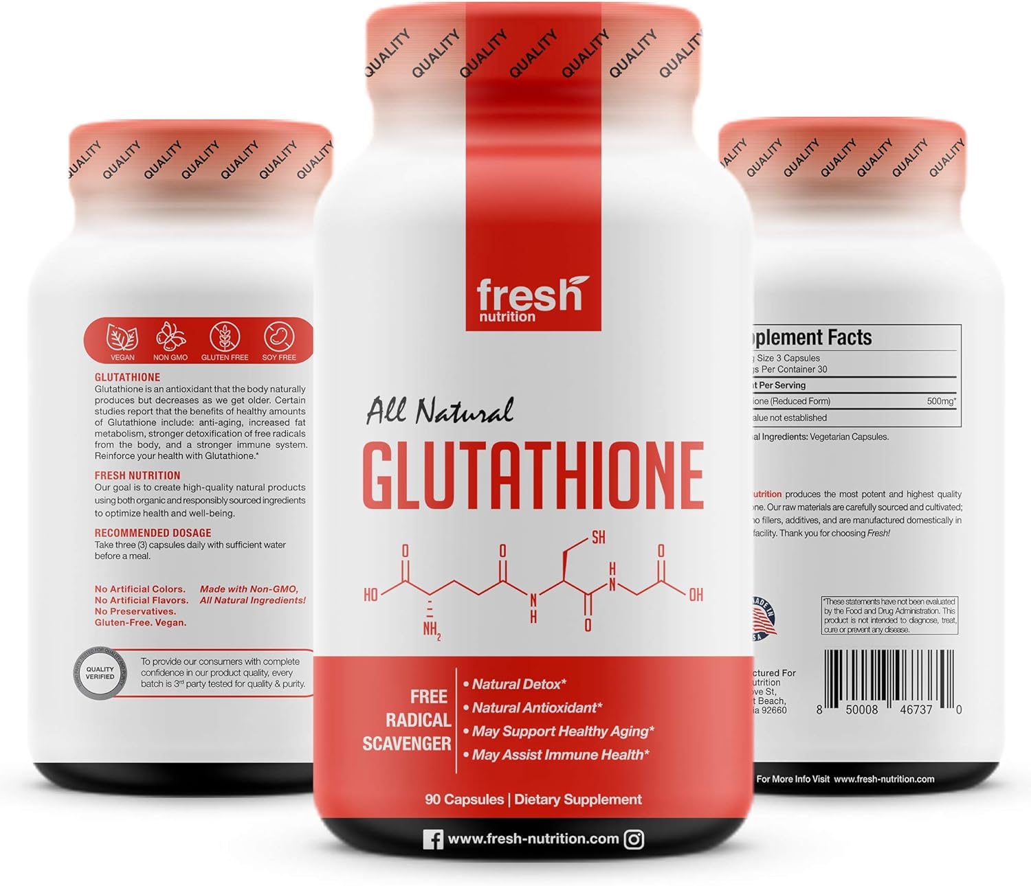 Glutathione Supplement - Strongest DNA Verified Glutathione Reduced - Natural Skin Whitening Anti-Aging Benefits – Liver, Immune and Brain Function - Vegan Friendly, Non GMO, Gluten & Soy Free: Health & Personal Care